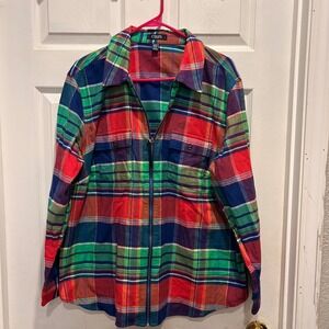 CHAPS DENIM Womens Plaid Flannel Zipper Shirt Jacket Red‎ Green Blue 2X Shacket